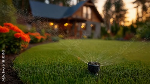 Lawn sprinkler watering green grass in residential garden at sunset