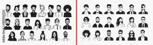 Family Members Portrait Character Illustration Set, Hand Drawn People Face Sketch Art Design, Diverse Age Group Doodle Vector Clipart, Parent Child Avatar Drawing Bundle Graphics, Multigenerational Fa