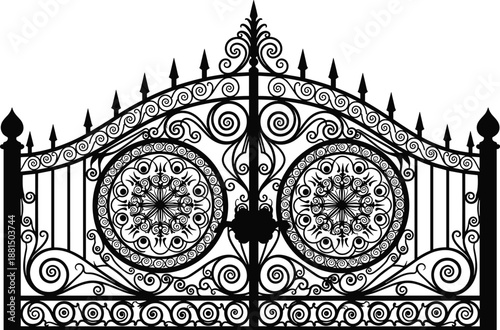 Elegant wrought iron gate with intricate floral scrollwork, symmetrical design, and ornamental finials—perfect for architectural, decorative, and security-themed stock photography and design projects.