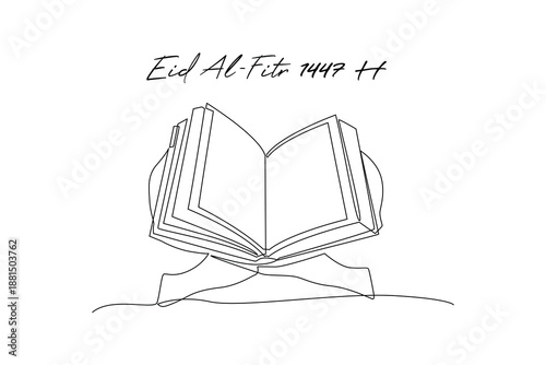 Holy Quran Open. Idul Fitri 1447 Concept. Single line draw design Video 4k. Footage graphic illustration