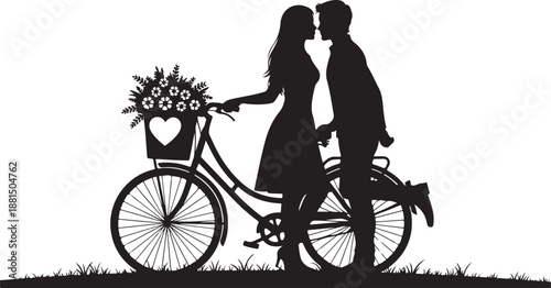 Romantic couple sharing a kiss beside a bicycle