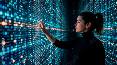 Woman interacting with immersive digital data wall