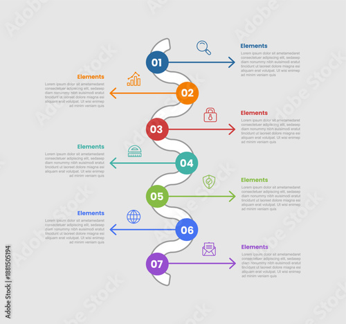 7 elements infographic comparison diagram with vertical timeline shape with arrow line pointer opposite direction with dot line style 7 step for slide presentation