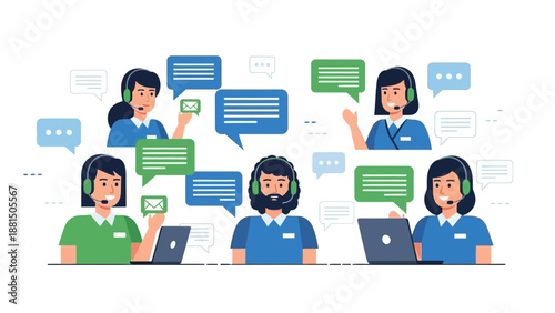 Customer Service Team Communicating with Speech Bubbles and Laptops
