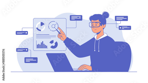 Data analysis with charts and laptop, person using technology for insights