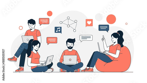 Diverse group of people collaborating online using laptops and devices