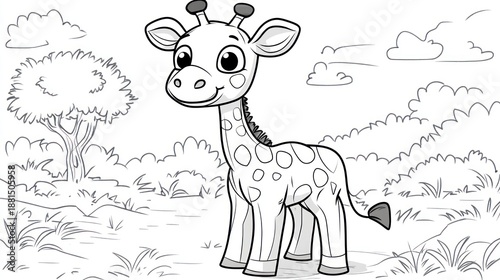 Cute giraffe in African savanna, coloring book, kids, drawing
