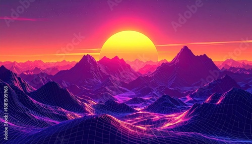 Synthwave Sunset Over Mountain Range with Vibrant Colors and Retro Style.