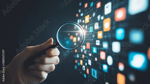 Exploring digital insights a hand with a magnifying glass over social media icons virtual environment close-up view technology concept