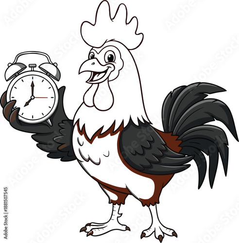 Cute cartoon rooster holding alarm clock illustration symbolizing early morning wake up, punctual farm life concept for schedules, productivity, and time management designs