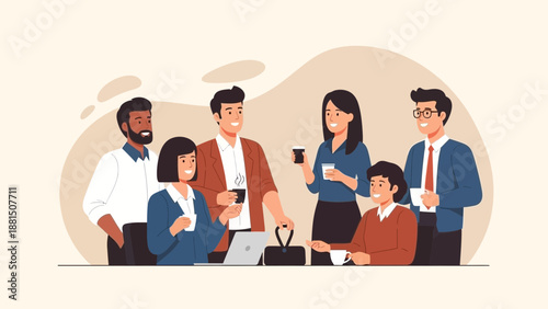 Diverse business team collaborating and enjoying coffee break in office