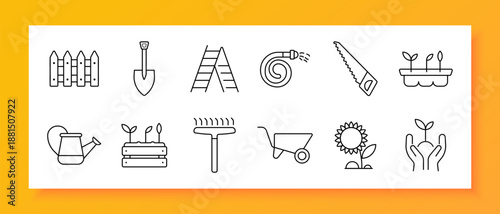 Gardening set icon. Shovel, fence, watering can, rake, flower, soil, plant, seedling, wheelbarrow, growth, tool, pot, blossom, care, cultivation, nature, yard, agriculture, sunlight, botany