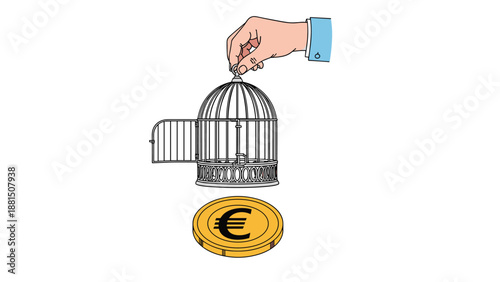 Human hand lifts a silver birdcage to release a golden euro coin symbolizing financial freedom and liberated capital assets.