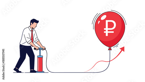 Businessman uses a red hand pump to inflate a balloon featuring the russian ruble symbol to show artificial currency growth.