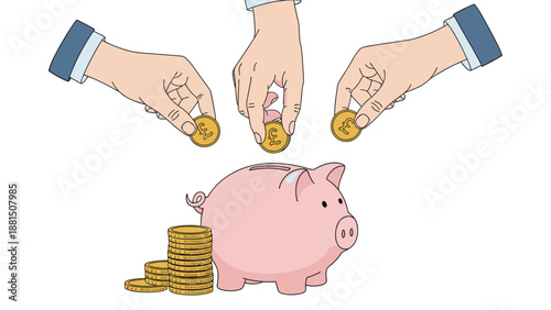 Multiple hands deposit gold british pound coins into a pink piggy bank representing collaborative savings and investment.