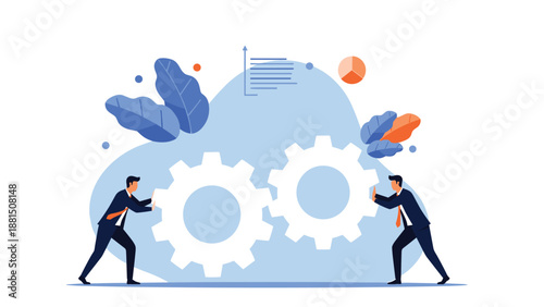Two focused businessmen work together to turn large interlocking white gears representing collaboration and team synergy.
