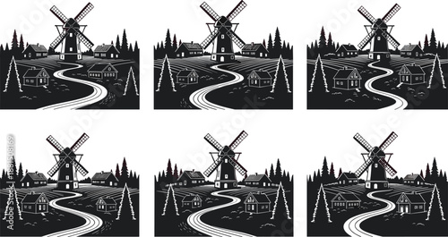 Vintage windmill village silhouette set with countryside houses, winding road and forest scenery, rural landscape vector illustration collection for travel, heritage, and branding designs