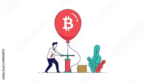 Businessman uses a manual air pump to inflate a red balloon with a white bitcoin symbol showing cryptocurrency market hype.