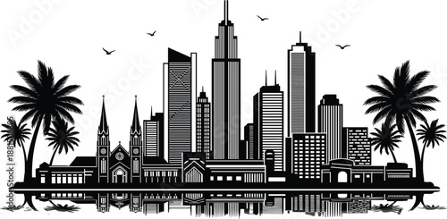 Modern city skyline silhouette with skyscrapers, palm trees and waterfront reflection, urban landscape vector illustration, metropolitan architecture design for travel, business, branding projects