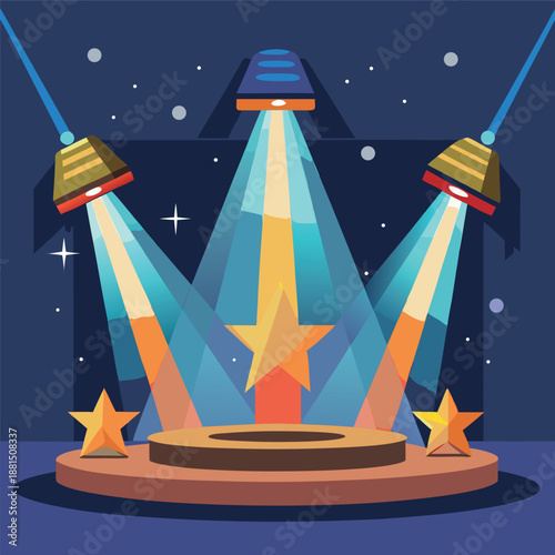 A colorful stage at night with bright spotlights shining down, glowing lights