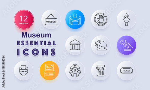 Museum set icon. Building, rope barrier, no touch hand, torch, elephant, dinosaur skeleton, vase, exhibit, sarcophagus, pillar, ticket drawn in outlined exhibition style.