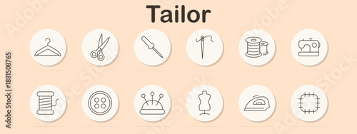 Tailor set icon. Hanger, scissors, seam ripper, needle, thread spool, sewing machine, yarn spool, button, pincushion, mannequin, iron, fabric patch drawn simply.