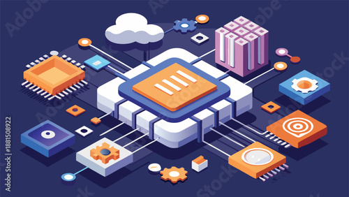 Illustration of AI technology with a cloud and flowing data, representing the integration of cloud computing and artificial intelligence..eps