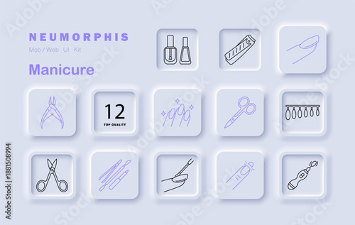 Manicure set icon. Shows nail polish, clipper, file, scissors, buffer, drill, brushes, cuticle tools, fingers, tips, handcare items in cosmetic-themed neumorphic UI