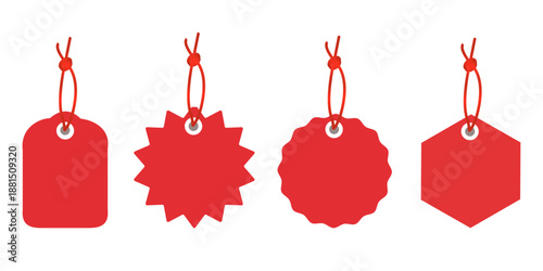 Set of four blank red tags with different shapes and strings, ready for custom pricing or sales information.