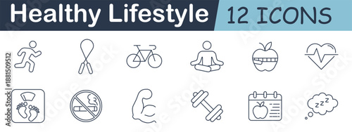Healthy lifestyle set icon. Runner, rope, bicycle, yoga, apple, heartbeat, weight scale, ban sign, muscle, dumbbell, planner, sleep.