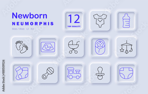 Newborn set icon. Onesie, milk bottle, socks, diaper, pacifier, feet, ultrasound, stroller, baby, mobile, toy, rattle infant care set with essentials for health, comfort, growth, sleep.