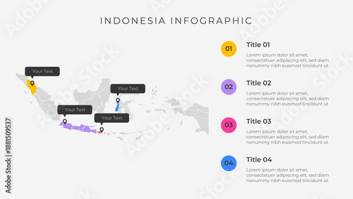 Indonesia map infographic template with 4 options. Indonesia administrative map infographic for presentation.
