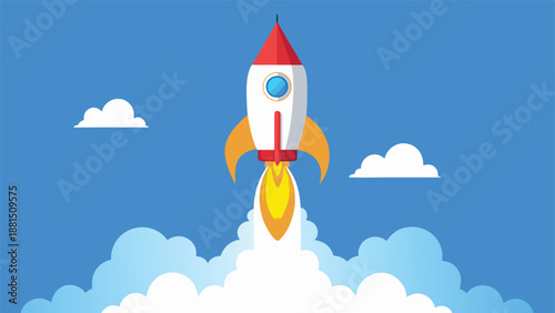 A rocket flies high above, navigating through a backdrop of soft, white clouds..eps