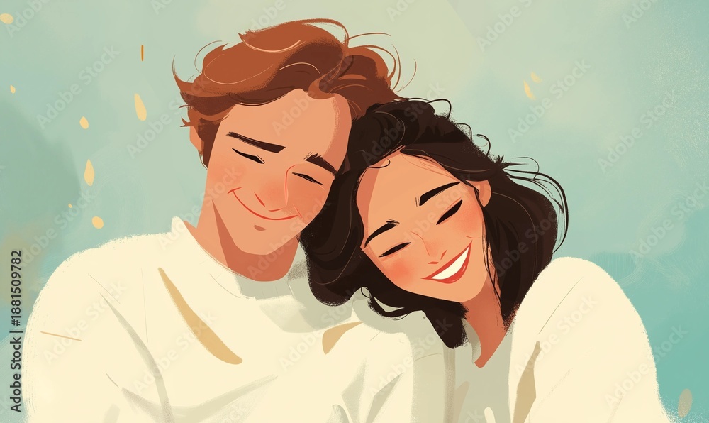 Obraz premium Romantic couple cuddle in love illustration