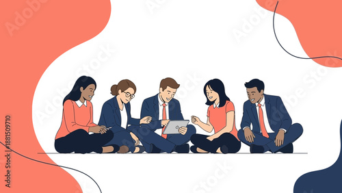 Diverse business team collaborating on digital tablet, sitting in circle on floor