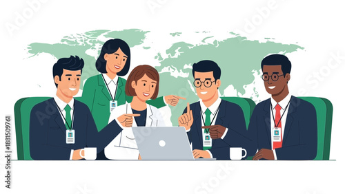 Diverse business team collaborating on global strategy meeting with laptop and world map