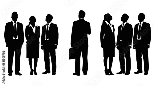Silhouettes of business professionals standing in groups, dressed in suits, representing corporate and professional environments.
