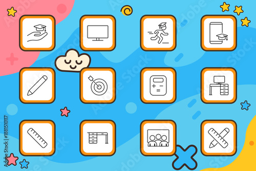 Online education set icon. Graduation, monitor, student, phone, pencil, target, calculator, desk, ruler, classroom, interface, tools. Learning, school, digital.