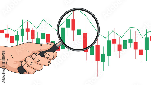 Professional hand using a magnifying glass to inspect a candlestick stock market chart for detailed financial analysis and investment planning.