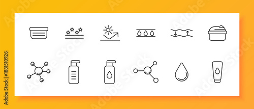 Skincare set icon. Cream, molecule, serum, moisture, drop, UV, protection, lotion, hydration, beauty, elasticity, face, cosmetic, skin, treatment, care, product, health, freshness, glow