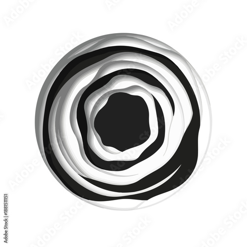 A black and white circular design with concentric swirling patterns