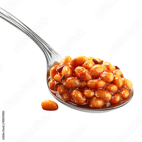 Scoop of savory baked beans with sweet glaze fills polished metal utensil against dark backdrop