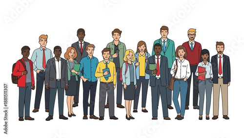 A diverse group of young adults and students standing together, representing various backgrounds and professions in a collaborative setting.