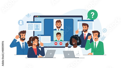 Diverse customer support team in a virtual meeting, online communication concept
