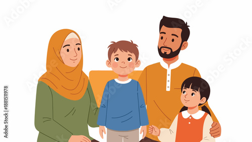 A cartoon family of four with diverse clothing