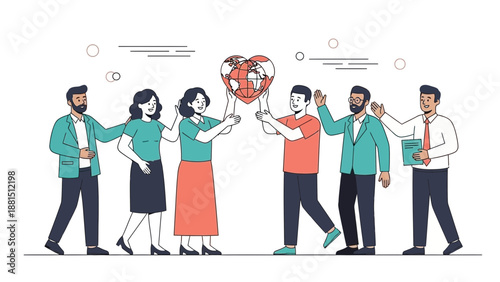Diverse people holding heart shaped globe, unity, global care, teamwork, illustration