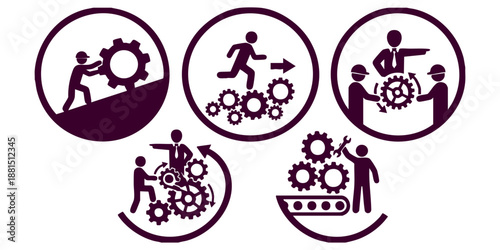 Teamwork and collaboration illustrated through circular icons, showcasing people working together to achieve a common goal