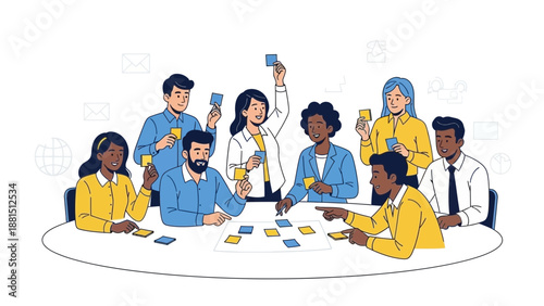 Diverse team brainstorming ideas around a table with cards and sticky notes