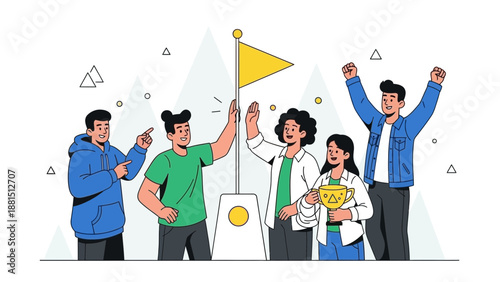 Diverse team celebrates success reaching mountain peak with flag and trophy