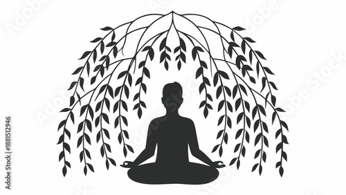 A person meditating under a tree with leaves in a serene environment from a front viewpoint